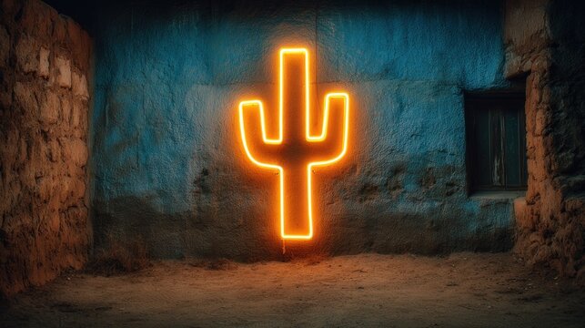 Brightly illuminated desert flora silhouette glows on a textured  wall inside a dimly lit structure