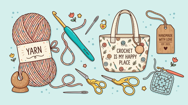 Crochet knitting set illustration featuring colorful yarn balls needles scissors and handmade tote bag design elements