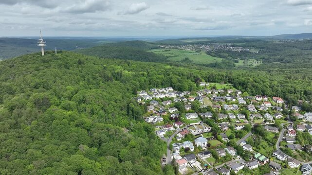 Aerial view of Kelkheim-Ruppertshain with the Atzelberg Tower in the Taunus mountains, Germany
