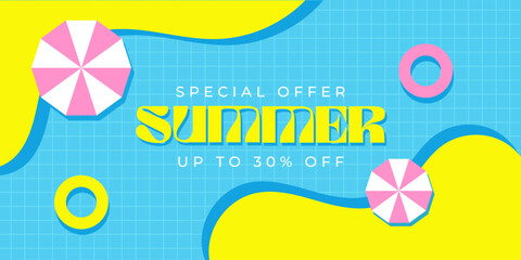 Bright summer sale promotion banner top view with pool floats, beach umbrellas, and yellow abstract waves on blue tile background © FAISAL CREATES