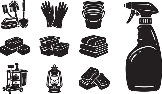 Cleaning supplies and tools icon set collection