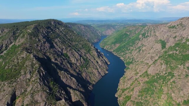 River Sil Meanders Through Steep Canyons View From Vilouxe Viewpoint In Galicia, Spain. Aerial Shot