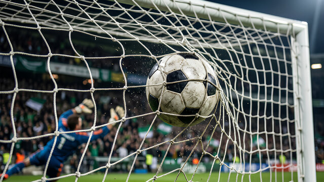 The ultimate moment of victory as a soccer ball smashes into the net to score a goal