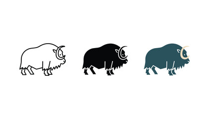 Musk ox icon set in three distinct styles including outline silhouette and flat color vector design for wildlife documentation or arctic animal themes © TARU STOCKPLC