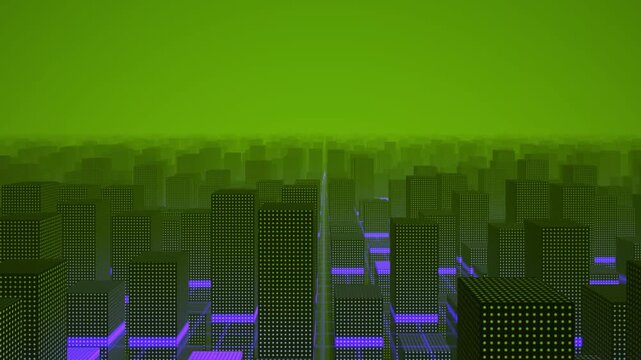 Skyscrapers form a vast green digital city grid in a stylized computer simulation loop for tech and sustainability visuals
