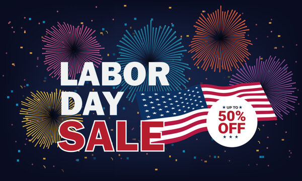 Labor Day Sale Banner with USA Flag and Fireworks Vector Design