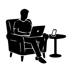 Fototapeta premium Remote Worker Using Laptop in Armchair Silhouette Illustration