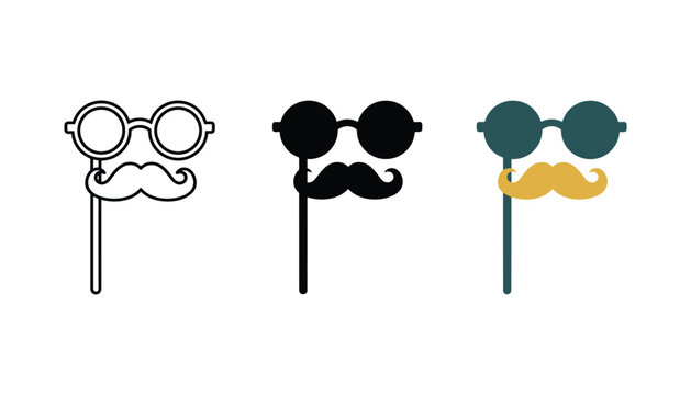 Funny party prop mustache and round glasses on a stick icon set in outline solid black and flat color styles for booth accessories and festive event graphics