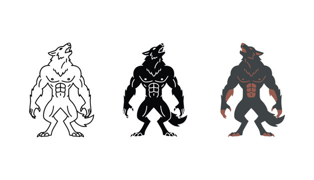 Muscular werewolf howling at the moon icon set in line art solid black and dark color vector graphic styles