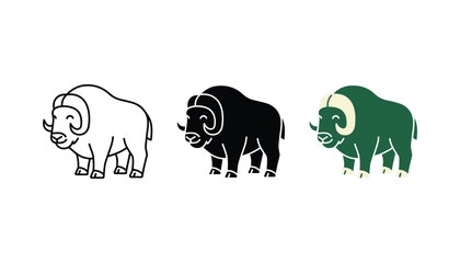Musk ox head icon set in three styles including line art and flat vector design for wildlife documentation or arctic animal themes © TARU STOCKPLC