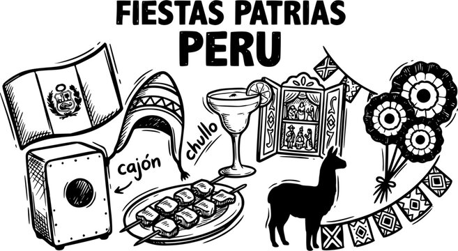 Black and White Line Art Illustration of Peruvian Fiestas Patrias National Celebration Symbols, Culture, and Traditional Icons