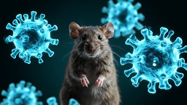 Hantavirus rodent carrier with a small mouse surrounded by glowing blue viral cells.