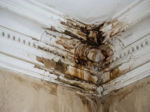 Severe Water Damage and Mold in Ceiling Corner - Home Repair and Dampness Issues