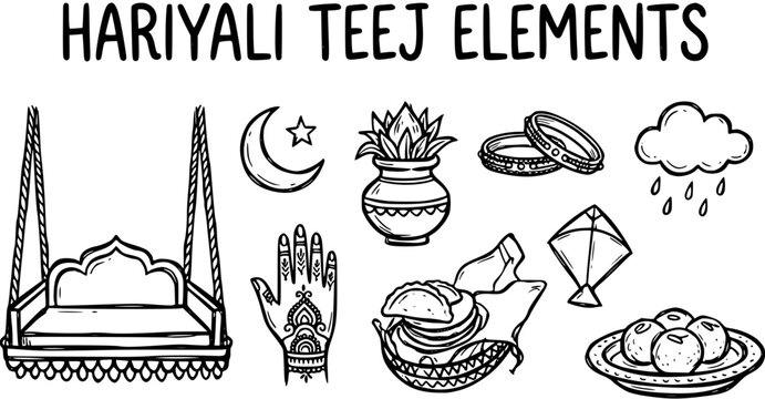Hariyali Teej Festival Elements Black and White Line Art Doodle. Indian Culture and Religion Icons Set with Swing, Mehndi, Kalash, Bangles, and Sweets.