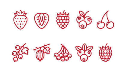 Red berry icons set vector illustration of strawberry, raspberry, blueberry, cherry, currant, gooseberry, and cranberry © Abir Creative Studio