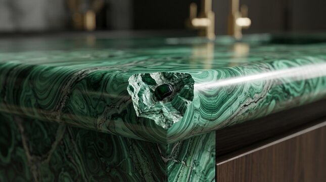 A close-up view of a polished malachite surface showcasing its distinctive green banding and a chipped edge revealing a raw texture and a small dark stone