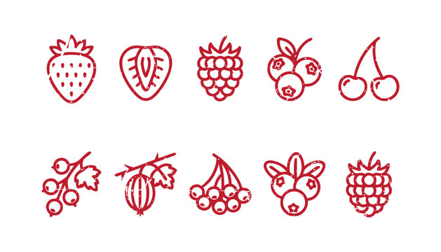 Red berry icons set vector illustration of strawberry, raspberry, blueberry, cherry, currant, gooseberry, and cranberry