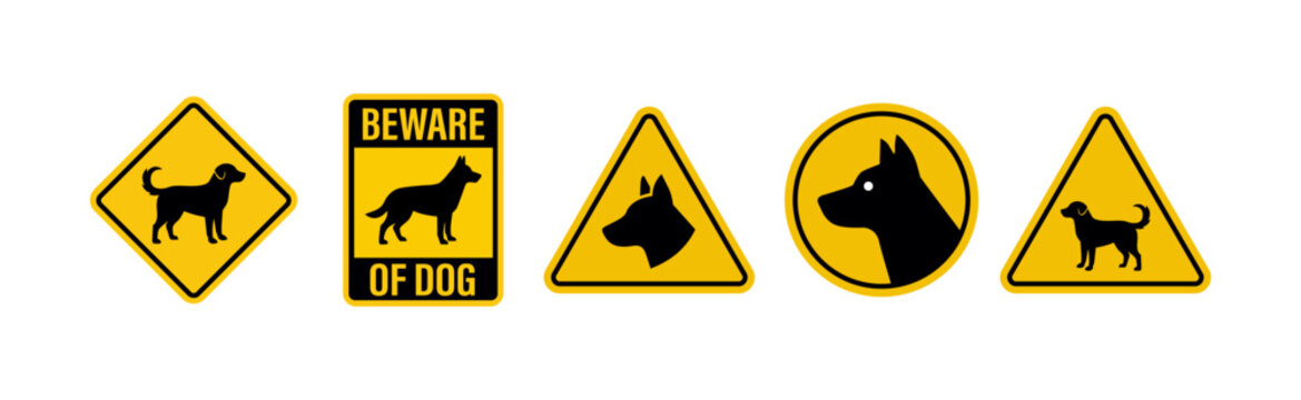 Beware of dog warning sign set yellow caution signs with black dog silhouettes