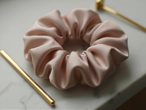 Pink Scrunchie with Gold Hairpin on Marble Countertop
