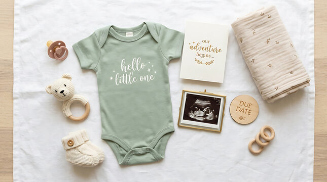 Newborn baby outfit with keepsake items flat lay on white background minimalist style