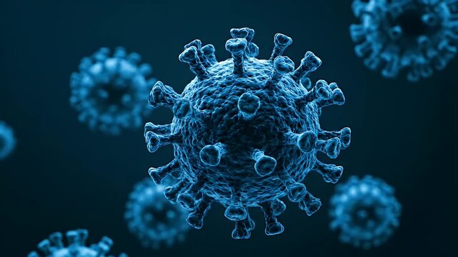 Hantavirus virus particles floating in a microscopic blue environment for medical 3d