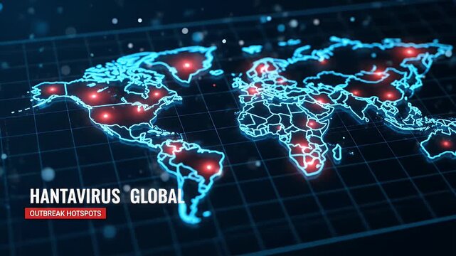 Hantavirus global outbreak hotspots on digital world map with glowing red indicators