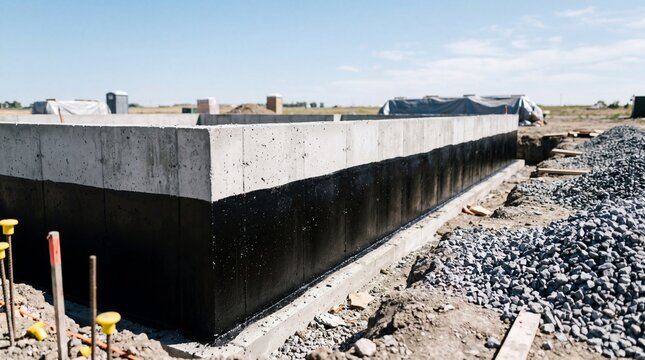 Damp proofed stem wall, Concrete foundation coating, Gravel backfill preparation, Residential moisture protection, Clean construction background, Copy space