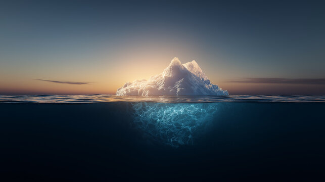 Hidden Iceberg Depth and Unseen System Structure Concept at Moonlight and Sunrise Minimal Ocean Scene 2