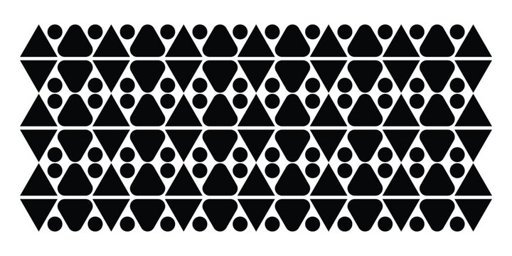 Seamless black and white geometric pattern featuring alternating triangles, rounded shapes, and circles in a repeating abstract tiled background.