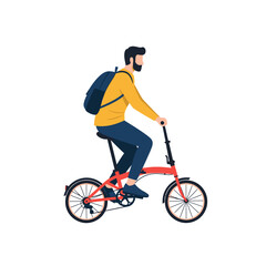 Naklejka premium Man with backpack riding a red folding bicycle