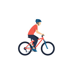 Fototapeta premium Man riding a red mountain bike wearing a helmet and safety gear