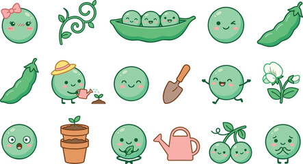 Fototapeta premium Cute Pea Gardening Character Collection with Kawaii Vegetable Mascots, Planting Tools, Flowers, and Happy Nature Cartoon Vector Illustrations