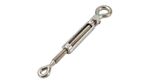 Metallic silver steel turnbuckle eye and hook fastener hardware component for industrial cable tension on transparent background