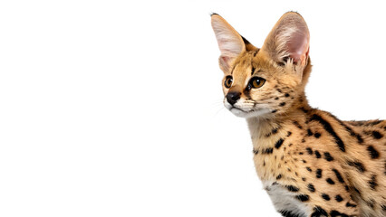Wild exotic leptailurus serval cat standing calmly and looking sideways with big ears and spotted fur on transparent background © belova-png