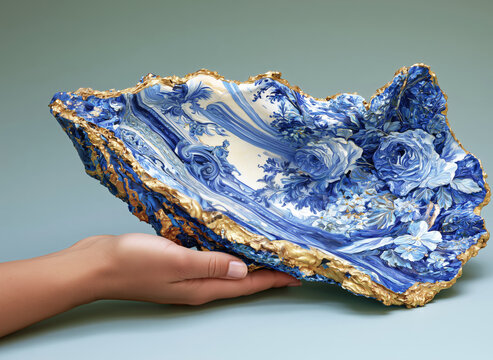 Hand holding ornately painted oyster shell with blue and white delft floral patterns. 