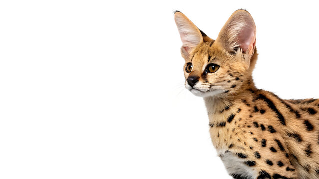 Wild exotic leptailurus serval cat standing calmly and looking sideways with big ears and spotted fur on transparent background