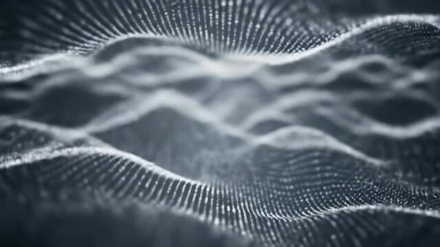 A cool gray, fine-grain digital background dynamically shifting data packets with pulsing ethereal light. Static wide video, slow zoom, vertical drift creates infinite depth. Concept of advanced