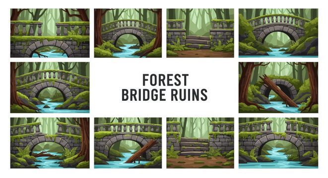 A collection of eleven illustrated panels depicting stone arch bridges some crumbling or ruined spanning forest streams