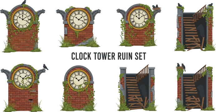 A collection of eight illustrated clock tower ruin assets featuring brick walls weathered faces and dilapidated stairs