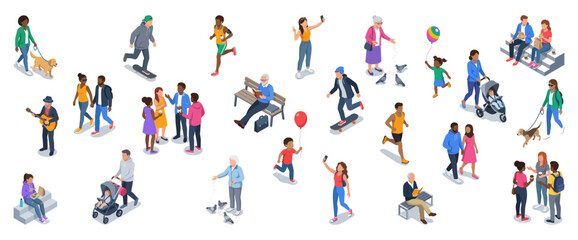 Isometric people in park vector set   Diverse urban crowd walking running reading eating and relaxing   Flat cartoon character icons on white © Sandaruwan