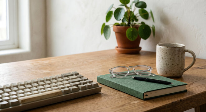 Minimalist home office desk setup with a mechanical keyboard, notebook, and steaming coffee mug in natural light.