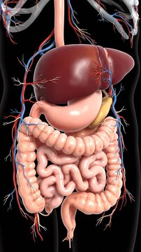 Human digestive system anatomy, including liver, stomach, pancreas, small and large intestines, with associated arterial and venous blood vessels and nerves, on black background.