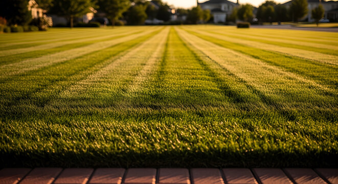 Perfectly mowed green lawn with professional stripes in suburban yard | Beautiful sunset lighting over healthy grass landscape | Professional landscaping and lawn care services concept | Manicured tur