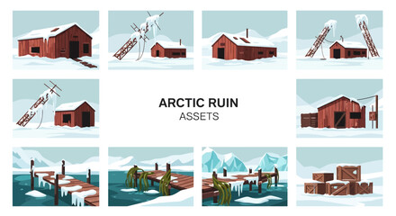 A grid of 11 digital illustrations depicting dilapidated wooden arctic structures piers and crates covered in snow and ice © Faisal