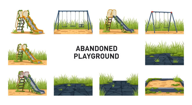 A collection of vector illustrations depicting playground equipment like slides swings and sandboxes reclaimed by tall grass