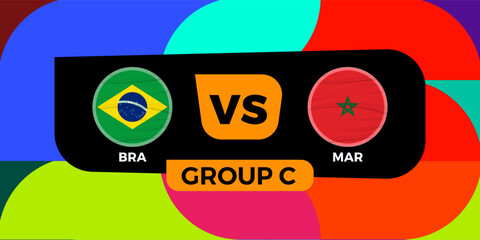 Naklejka na ściany i meble Brazil versus Morocco football match banner with national flags and colorful background.