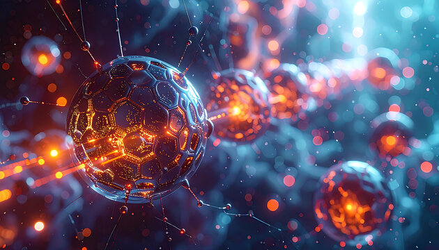 Abstract digital network of glowing orbs and particles, representing data transmission, connectivity, and futuristic technology concepts