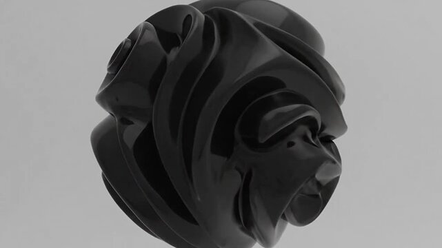 A glossy black abstract sphere with complex flowing organic curves