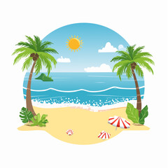 Obraz premium Summer beach vector illustration with ocean waves and tropical elements