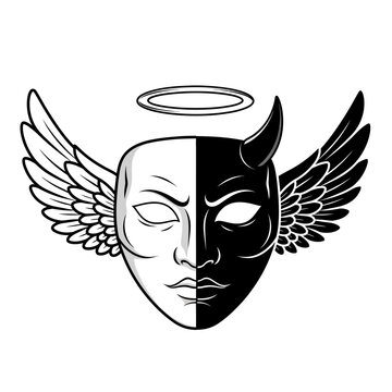 Dual nature mask with angel wing and devil horn.